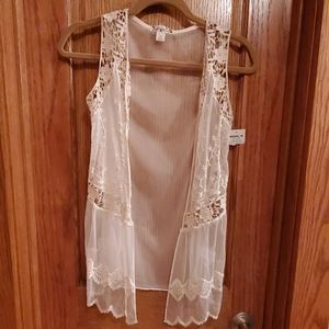 NWT knitworks cream lacy long vest, Youth 12